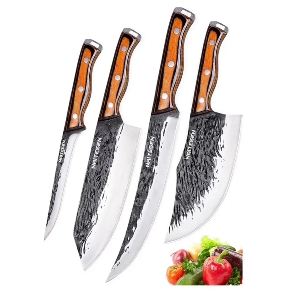 Kitchen Knives 4‎ Piece Hand Forged Chef Damascus Style Blades Wood Handle NIB